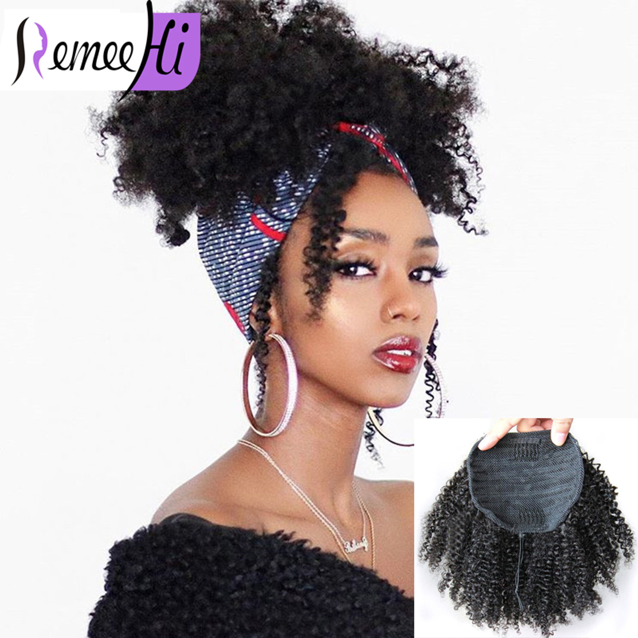 Remeehi Women Afro Kinky Curly Ponytail Peruvian Remy Human Hair