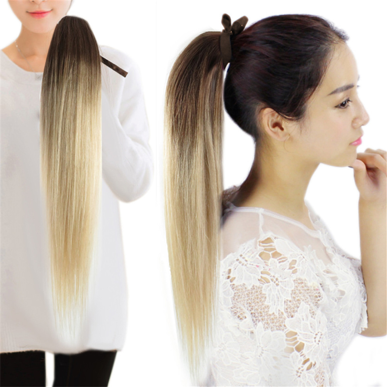 Remeehi 16 Human Hair Extension Straight Ombre-Drawstring Clip in