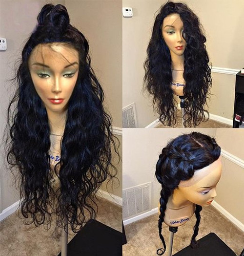 Remeehi Long Natural Curly glueless 100% Indian Remy Human Hair Front Lace Wigs Baby Hair Around 16Inch 1b# Natural Black