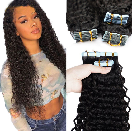 Seamless Adhensive Double Weft  Skin PU Weft Deep Curly Remy 100% Tape In Human Hair Extensions 20pcs 3g/pc
