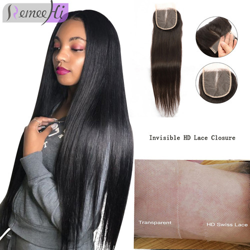 Remeehi Invisible HD Lace Closure Brazilian Remy Human Hair 4X4 Top Lace Frontal Closure 8-20"