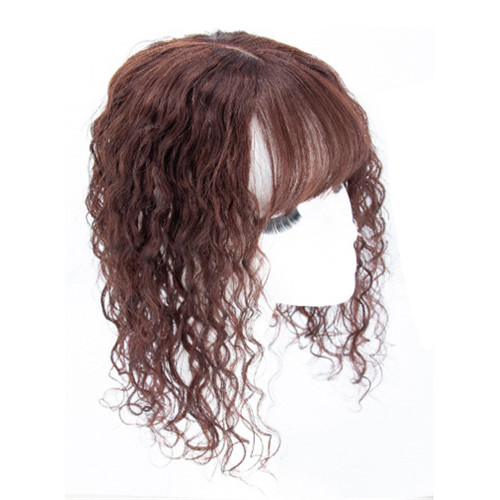 Remeehi Middle part curly Wavy with flat bangs Real Human Hair Topper  Hairpiece Clip in Top  Wig For Women