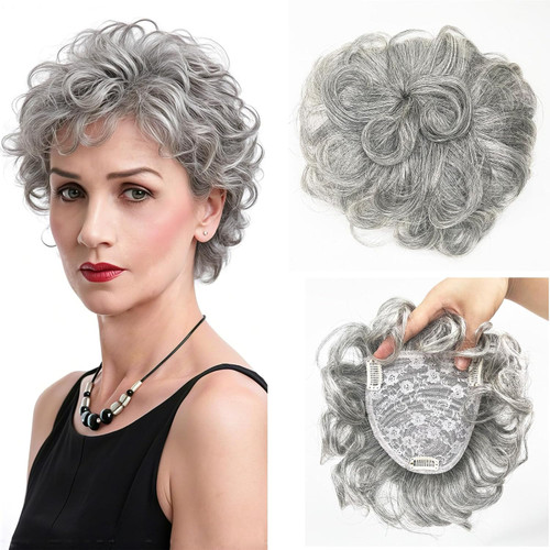 RemeeHi RemeeHi Short Curly Wavy Large Base Topper Human Hair Toppers 4.7" x 4.7" Seamless Fluffy Replacement Clip in Hairpiece for Covering White Hair Toupee Wiglet