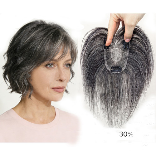 Fluffy Mono Lace Grey Fluffy Straight/Curly Wavy 100% Remy Human Hair Wiglet Topper HairPieces Replacement For Women