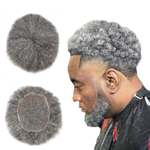 RemeeHi Afro Curly Mens Toupee Full French Lace African American Wigs 10x8CM Grey Wig