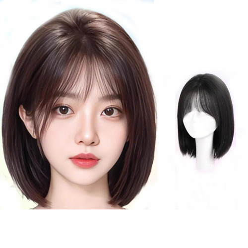 Remeehi Bob Wig with Air Bangs for Women Real Human Hair Wig Neat Straight Wig Cap Wig