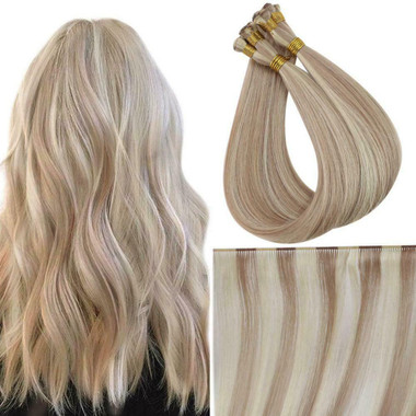 Remeehi 16-30 Blonde Hand Tied Weft Hair Extensions 100% Virgin Human Hair  Straight Invisible One pack/ 100g