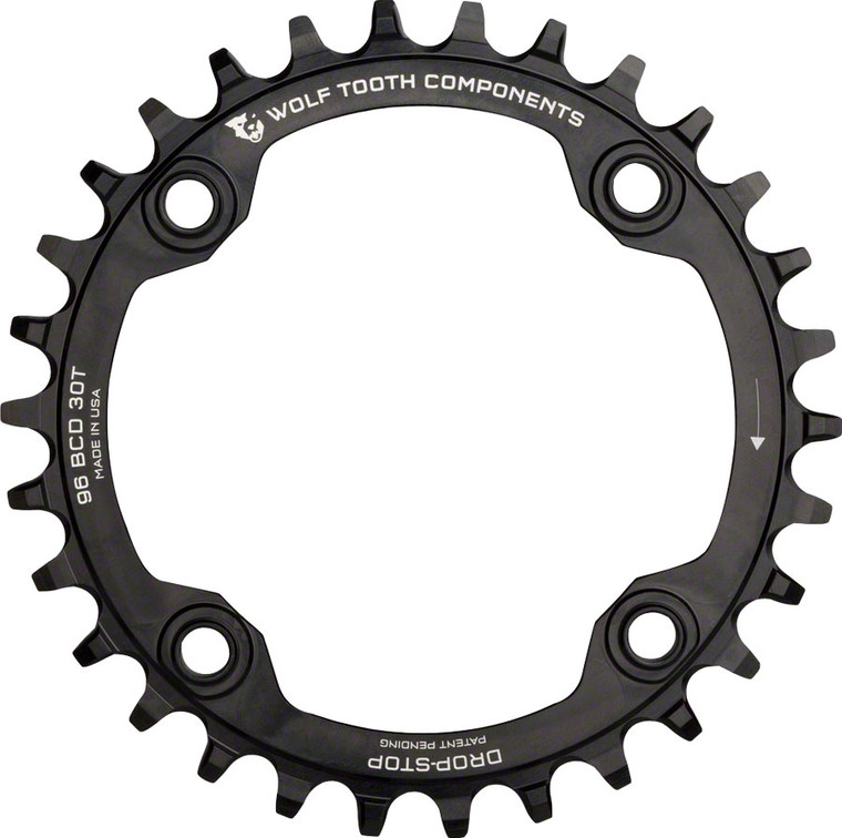 Wolf Tooth 96 Symmetrical BCD Chainring - 34t, 96 BCD, 4-Bolt, Drop-Stop, For Shimano Cranks, Black