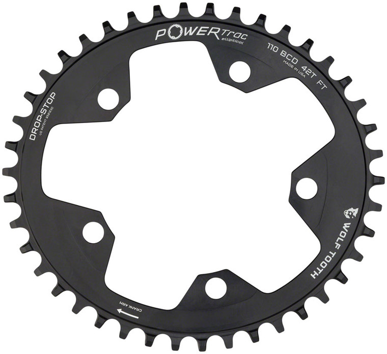 Wolf Tooth Elliptical 110 BCD Chainring - 42t, 110 BCD, 5-Bolt, Drop-Stop, 10/11/12-Speed Eagle and Flattop Compatible, Black