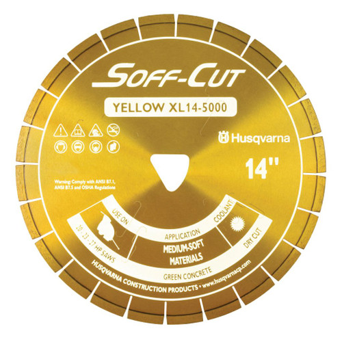 The Husqvarna Excel 5000 Series Yellow features unique triangular arbor configuration and cuts medium to soft aggregate, abrasive sand.