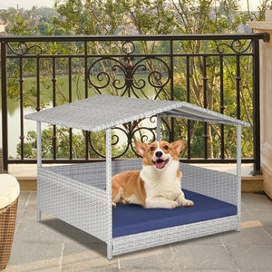Wicker Dog House with Waterproof Roof and Washable Cushion Cover-Navy - Color: Navy D681-HW71320NY