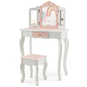 2-in-1 Kids Vanity Table Set with Tri-folding Mirror-Pink - Color: Pink D681-HY10067US-PI