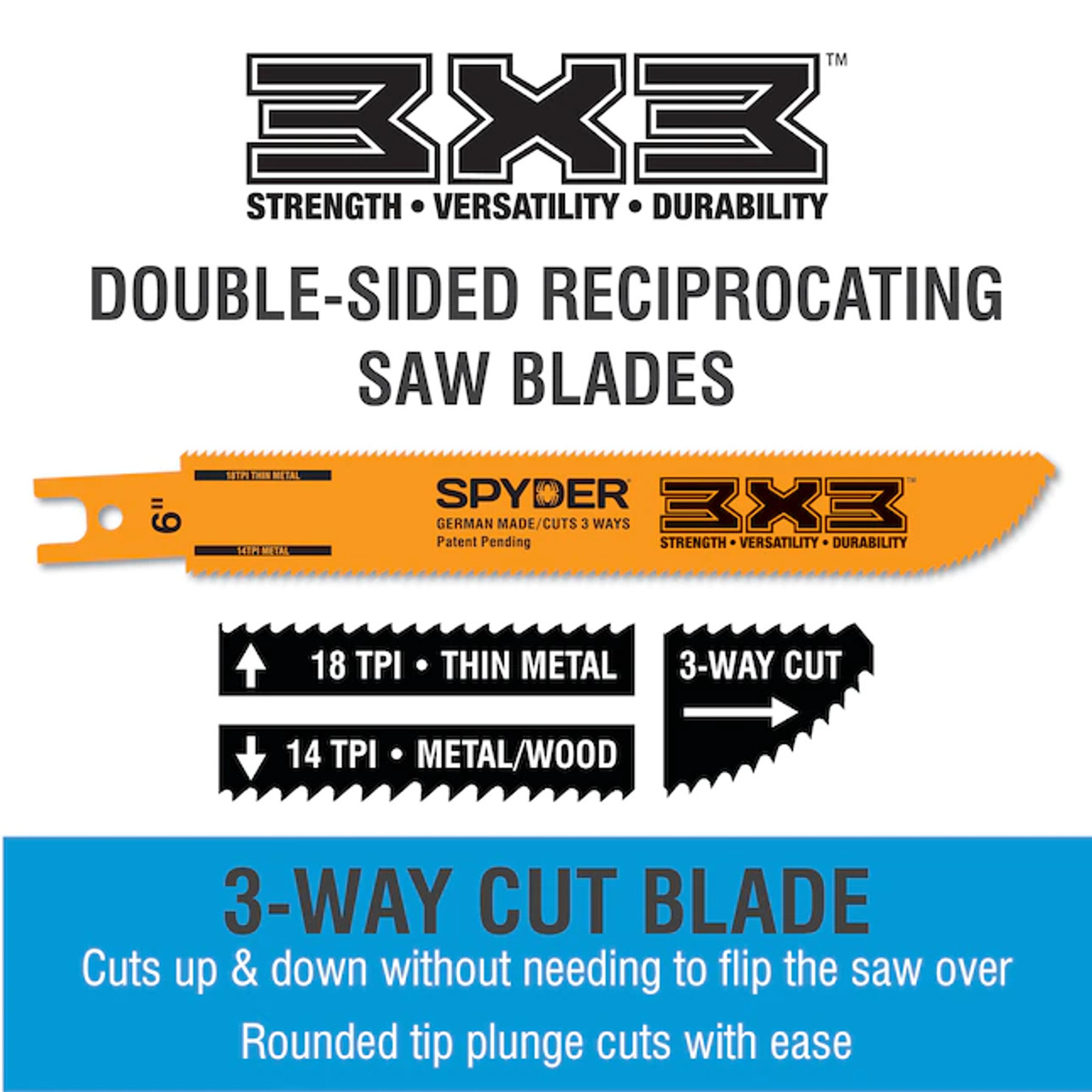 Spyder Bi-metal 3x3- 10/14 TPI 6" single Sawzall blade.