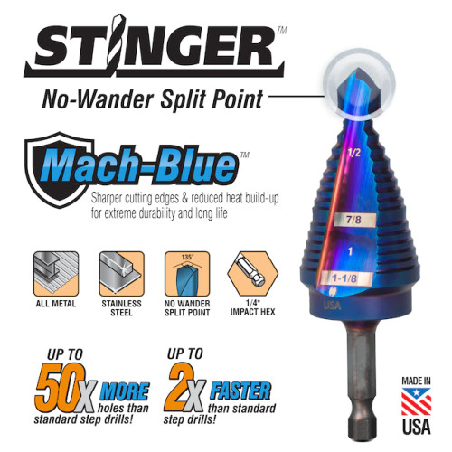 Spyder 2pc Step Bit Set, Mach-Blue Hex Shank, (1/8”-1/2” & 3/16”-7/8”)