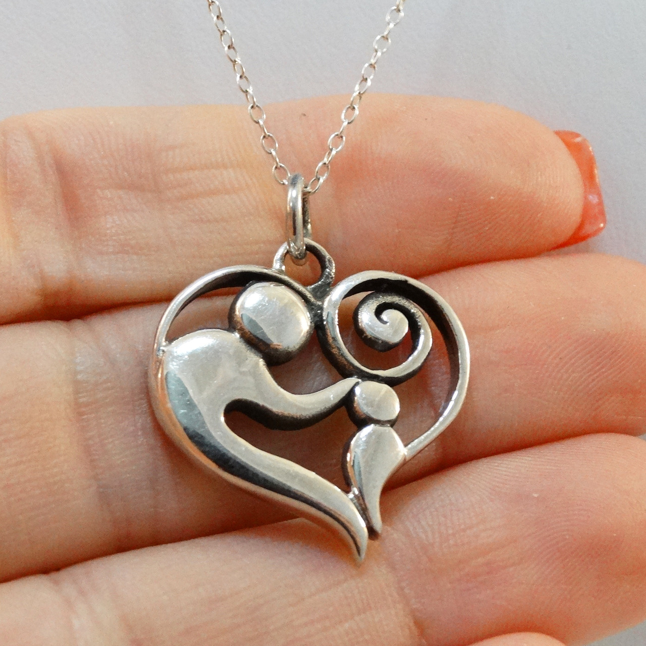 Mother and Child Heart Necklace in Sterling Silver