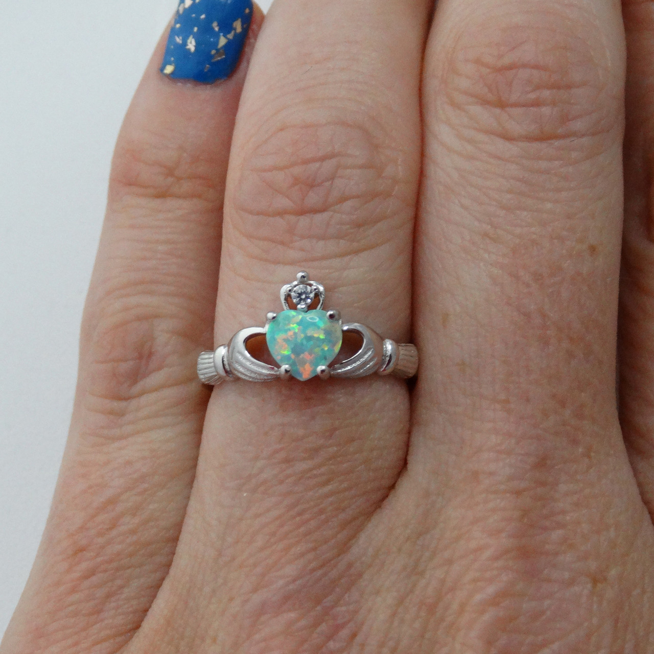 Claddagh Celtic Heart Ring With Blue Simulated Opal - 925 Sterling Silver, Sizes 5-10