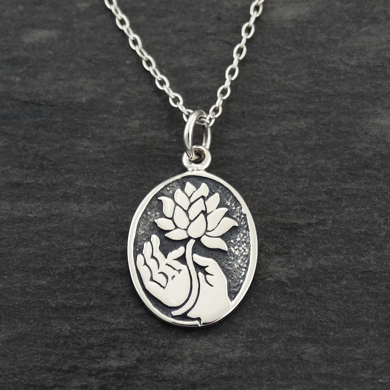 Buddha Hand With Lotus Necklace - Sterling Silver