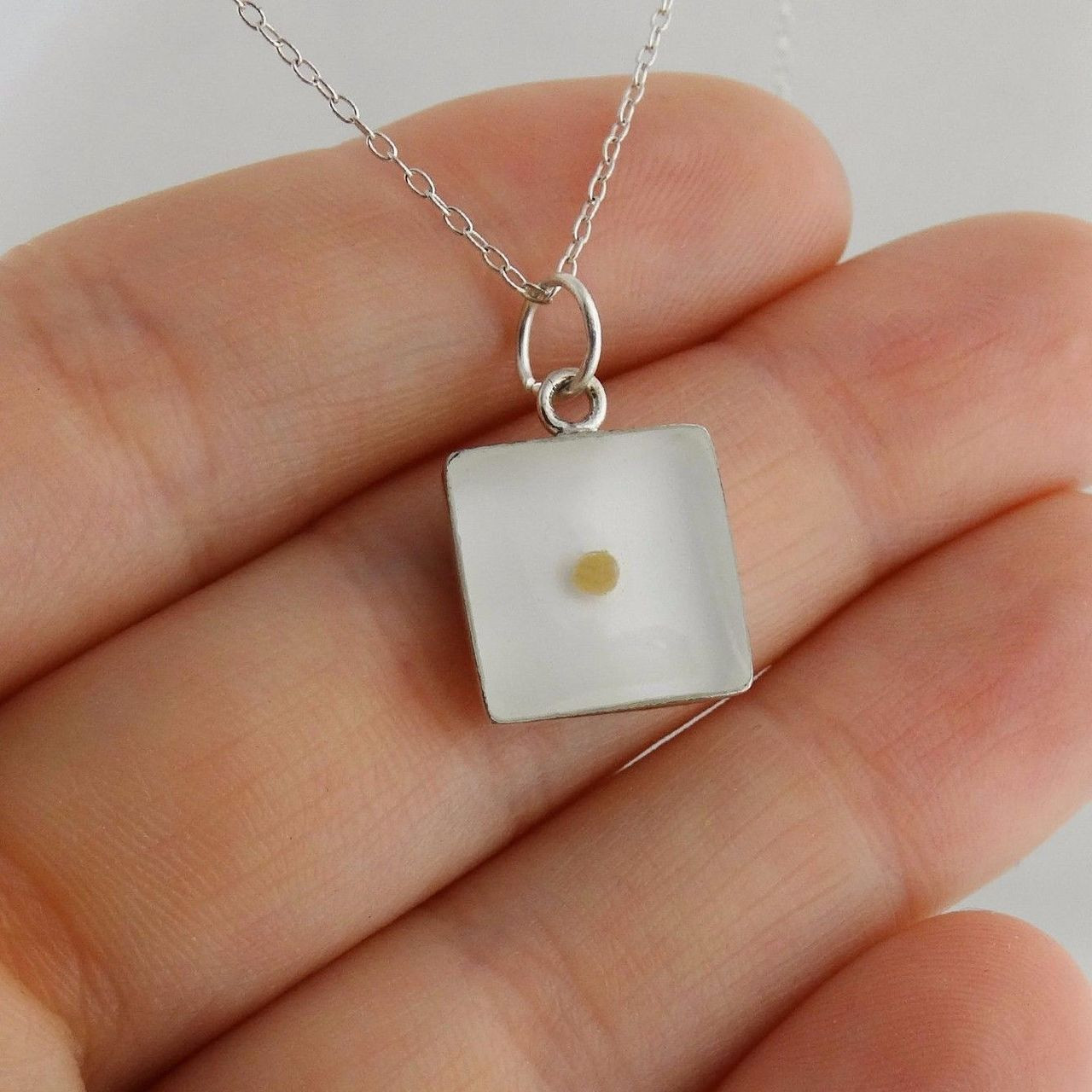Square Mustard Seed Pendant Necklace - Clear Resin, 925 Sterling Silver - FashionJunkie4Life
