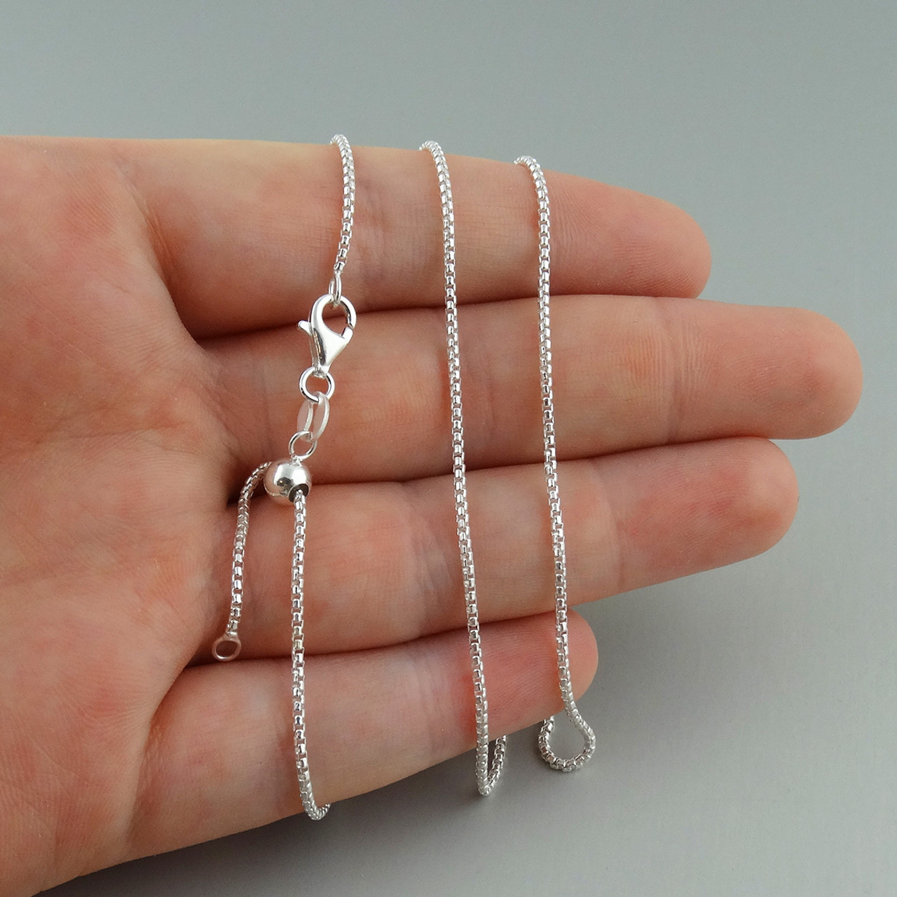 925 Sterling Silver Box Rhodium Adjustable 1mm Chain Silver 