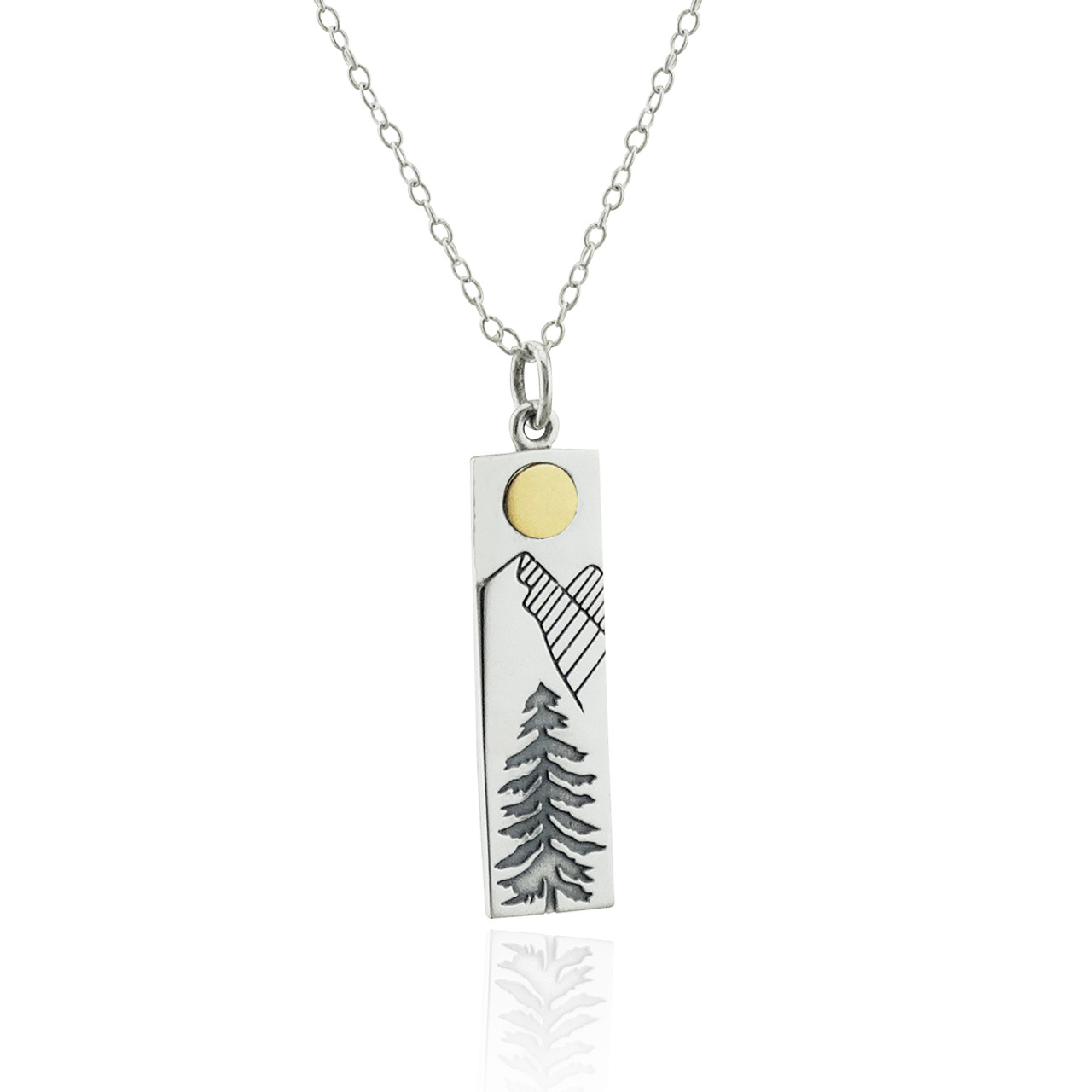 Sterling Silver Pine Tree Charm with Bronze Sun Necklace- Sterling Silver