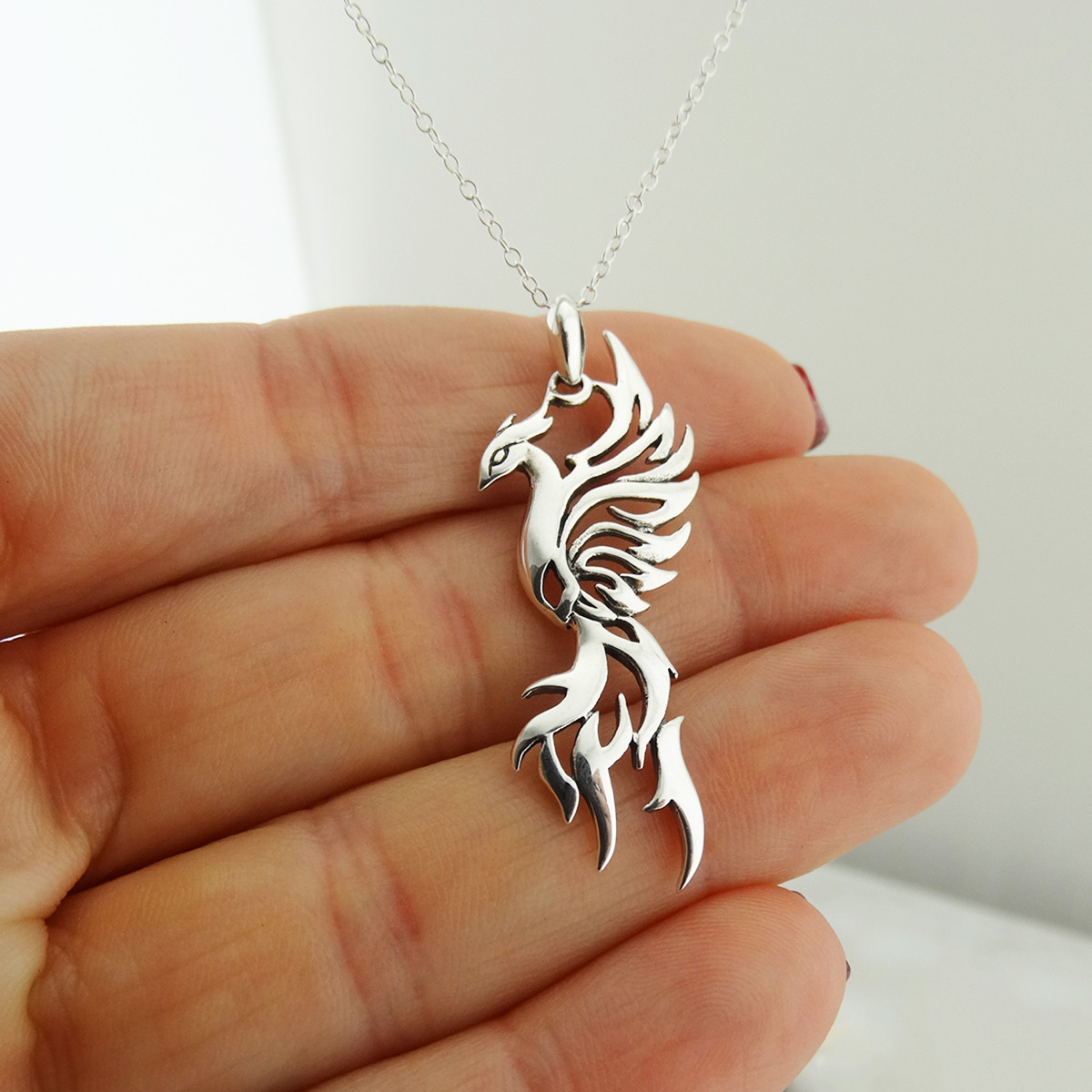 Sterling Silver Phoenix with Fire Pendant Necklace, 18" Chain