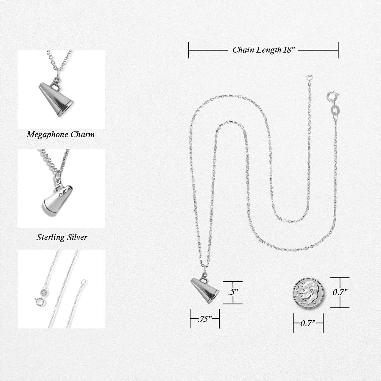 Megaphone Charm Sterling Silver Necklace, Cheerleading Sports Game