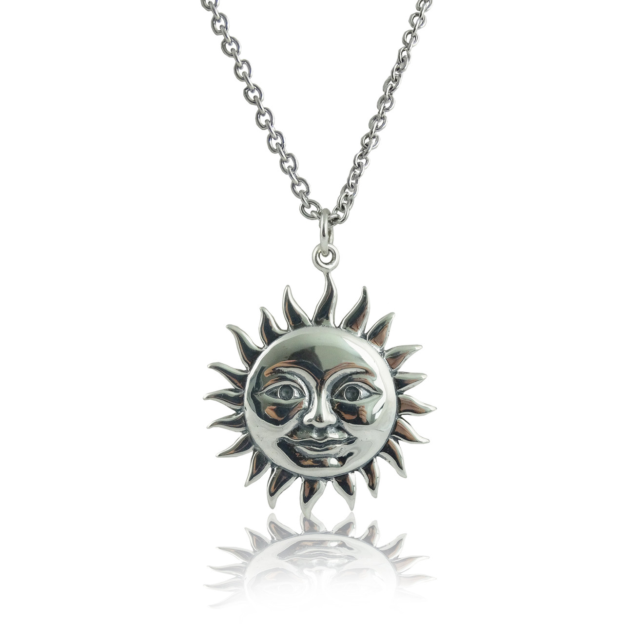 Sterling Silver Large Smiling Sun Pendant 31x24mm