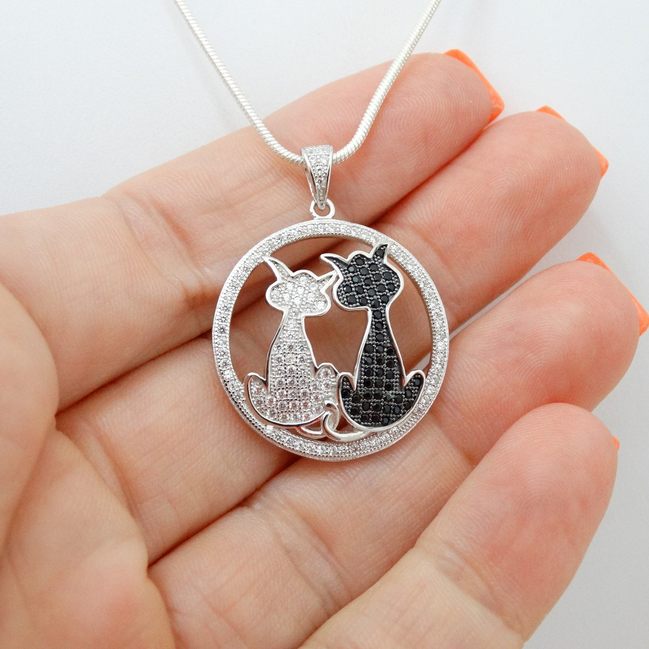 Sterling Silver Two Sitting Cats Necklace