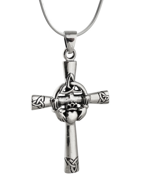 Sterling Silver Celtic Irish Claddagh Cross Necklace, Snake Chain Sterling Silver Celtic Irish Claddagh Cross Necklace, Snake Chain