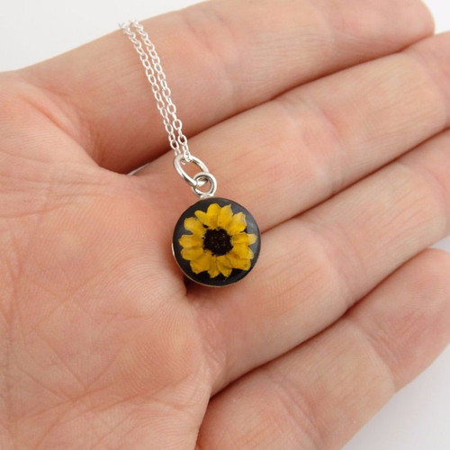 Real Mini Sunflower Charm Necklace in Sterling Silver Real Mini Sunflower Charm Necklace in Sterling Silver