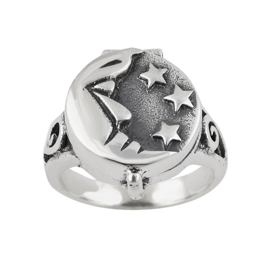Crescent Moon and Stars Poison Locket Ring - 925 Sterling SIlver Crescent Moon and Stars Poison Locket Ring - 925 Sterling SIlver