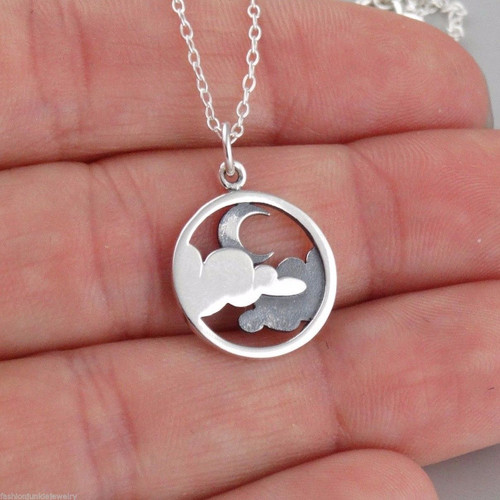 Crescent Moon and Clouds Charm Necklace - 925 Sterling Silver Crescent Moon and Clouds Charm Necklace - 925 Sterling Silver