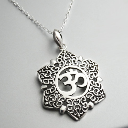 Sterling Silver Flower Ohm Om Symbol Necklace | FashionJunkie4Life