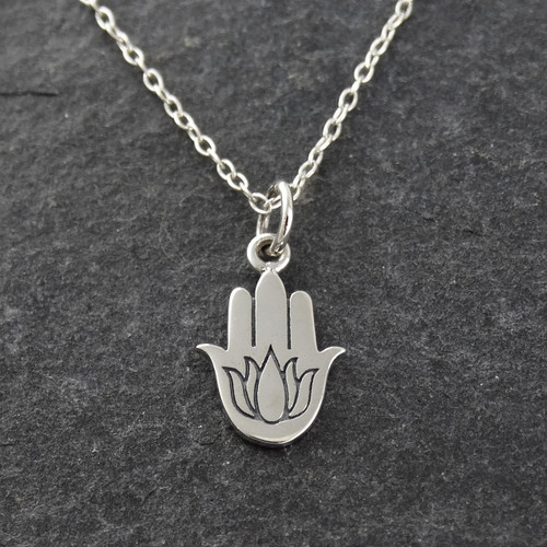 Hamsa with Lotus Flower Necklace - 925 Sterling Silver Hamsa with Lotus Flower Necklace - 925 Sterling Silver