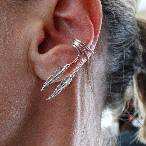 Silver Chain Earcuff Feather Non Pierced Earrings Long Chain