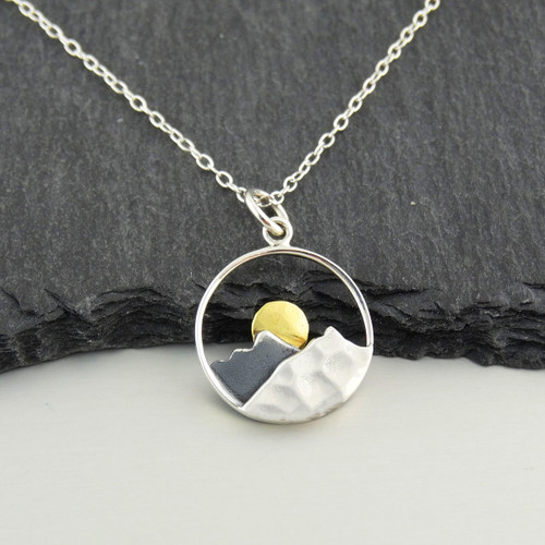 Mountain Range Necklace with Bronze Sun - 925 Sterling Silver