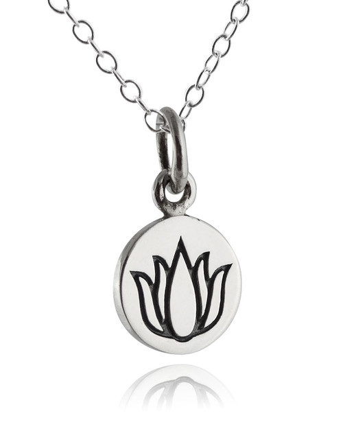 Tiny Lotus Flower Necklace - 925 Sterling Silver, Round Etched Pendant Tiny Lotus Flower Necklace - 925 Sterling Silver, Round Etched Pendant