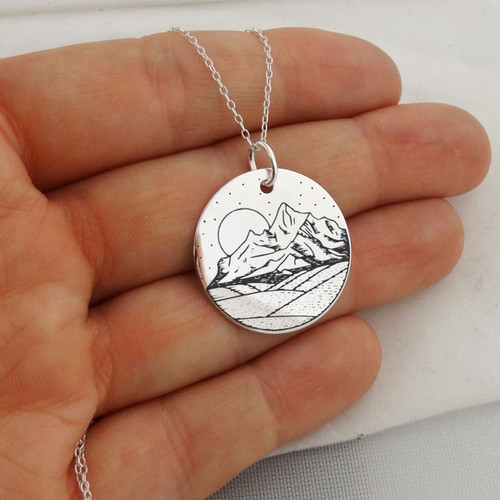 Engraved Mountain Range Pendant Necklace - 925 Sterling Silver Engraved Mountain Range Pendant Necklace - 925 Sterling Silver