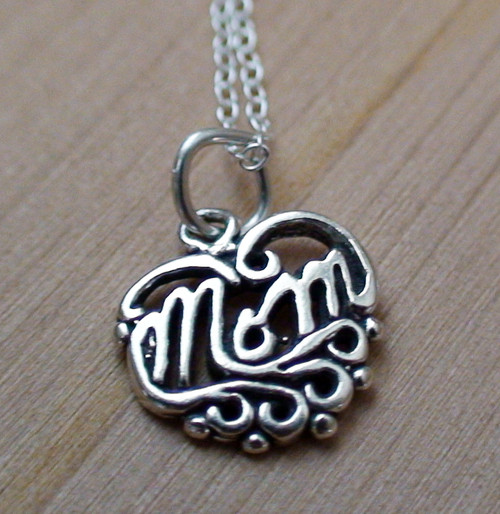 Mom Heart Filigree Charm Necklace - 925 Sterling Silver Mom Heart Filigree Charm Necklace - 925 Sterling Silver