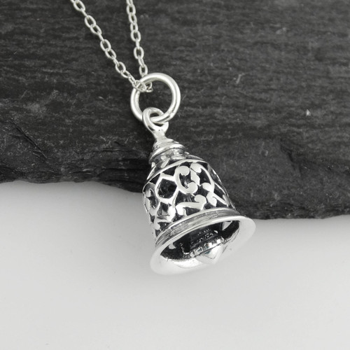 Sterling Silver 3D Filigree Working Hand Bell Charm Necklace, 18