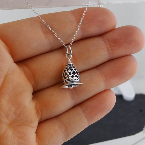 Sterling Silver 3D Filigree Working Hand Bell Charm Necklace, 18