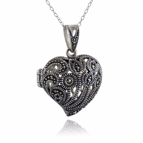 Marcasite Heart Locket Necklace - 925 Sterling Silver Marcasite Heart Locket Necklace - 925 Sterling Silver