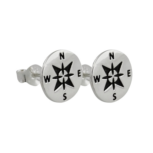 Round Etched Compass Earrings - 925 Sterling Silver
