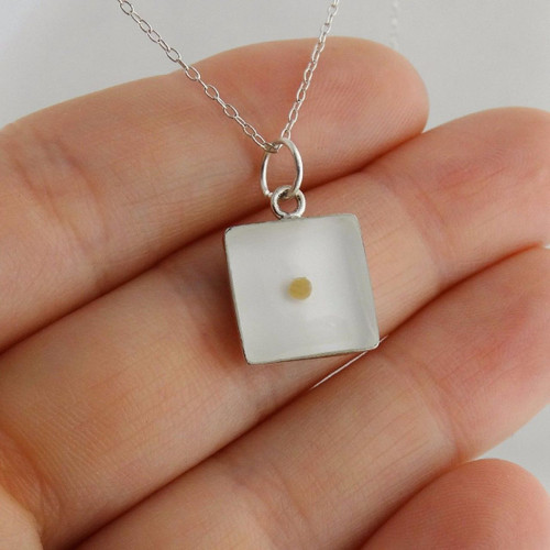 Square Mustard Seed Pendant Necklace - Clear Resin, 925 Sterling Silver Square Mustard Seed Pendant Necklace - Clear Resin, 925 Sterling Silver