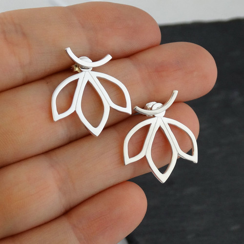 Lotus Petal Ear Jacket Earrings - 925 Sterling Silver