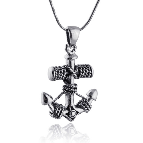 Anchor with Wrapped Rope Necklace - Sterling Silver