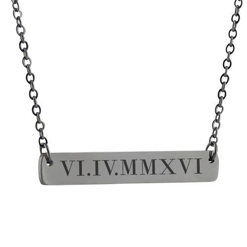 Personalized Roman Numeral Horizontal Bar Necklace - Engraved Stainless Steel Personalized Roman Numeral Horizontal Bar Necklace - Engraved Stainless Steel