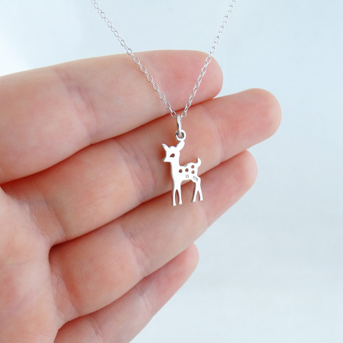 Fawn Baby Deer Silhouette Charm Necklace, Sterling Silver 