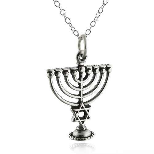 Menorah Charm Necklace with Star of David - Sterling Silver Menorah Charm Necklace with Star of David - Sterling Silver