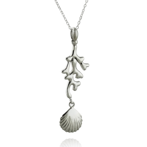 Coral with Dangling Seashell Necklace - Sterling Silver